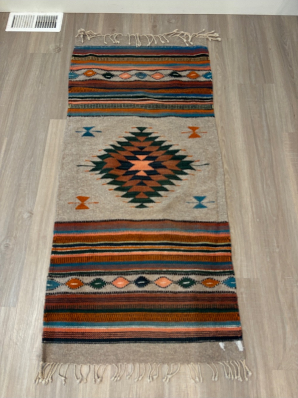 Handwoven Southwestern Navajo Aztecs Wool Rug Runner w/ Fringe Geometric Pattern